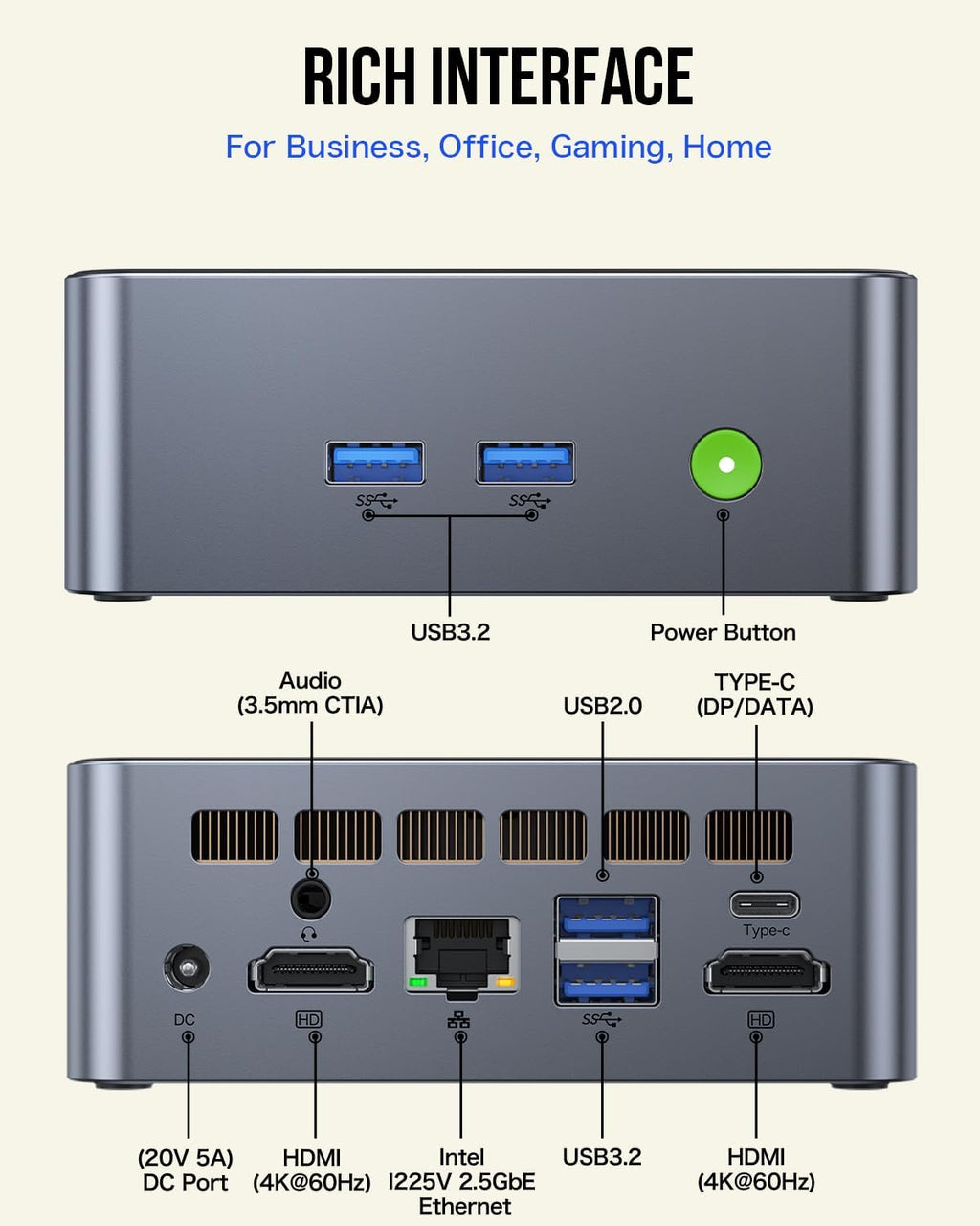 GMKtec M3 Mini PC Intel i5-12450H (8C/12T, up to 4.40GHz) Desktop Computer 16GB DDR4 (8GB*2) 1TB SSD, HDMI 4K, 4X USB 3.2, USB-C, WiFi 6, BT 5.2, RJ45 2.5G Black