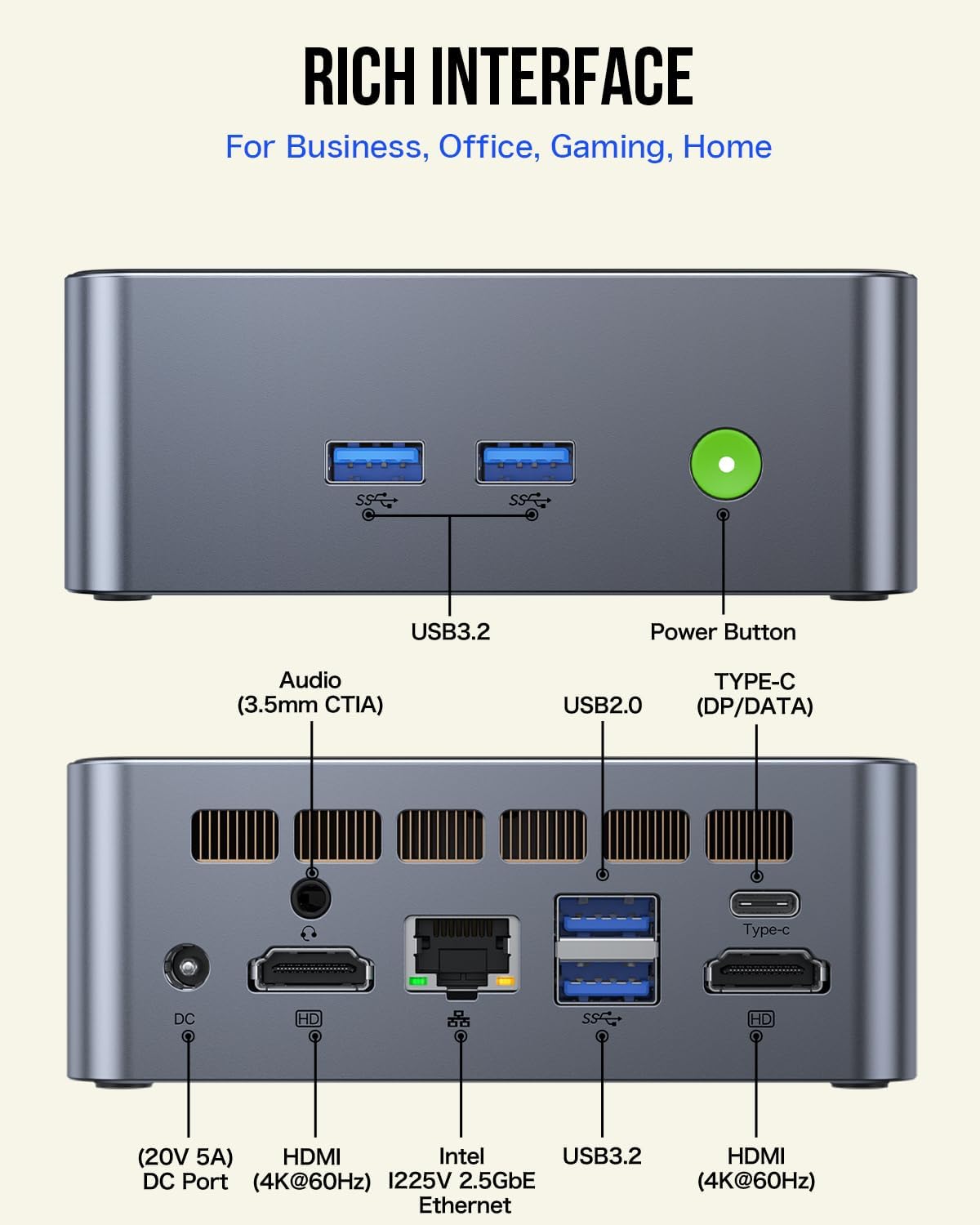 GMKtec M3 Mini PC Intel i5-12450H (8C/12T, up to 4.40GHz) Desktop Computer 16GB DDR4 (8GB*2) 1TB SSD, HDMI 4K, 4X USB 3.2, USB-C, WiFi 6, BT 5.2, RJ45 2.5G Black
