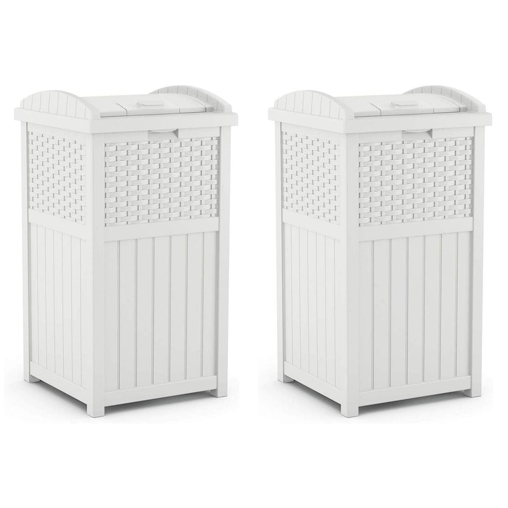 Suncast Wicker Plastic Outdoor Hideaway 33 Gallon Trash Can Bin with Latching Lid for Backyard, Deck, or Patio Use, White (2 Pack)