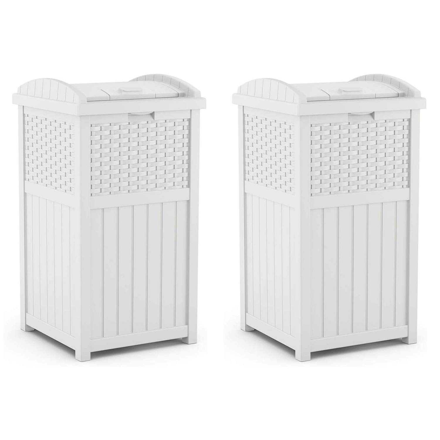 Suncast Wicker Plastic Outdoor Hideaway 33 Gallon Trash Can Bin with Latching Lid for Backyard, Deck, or Patio Use, White (2 Pack)