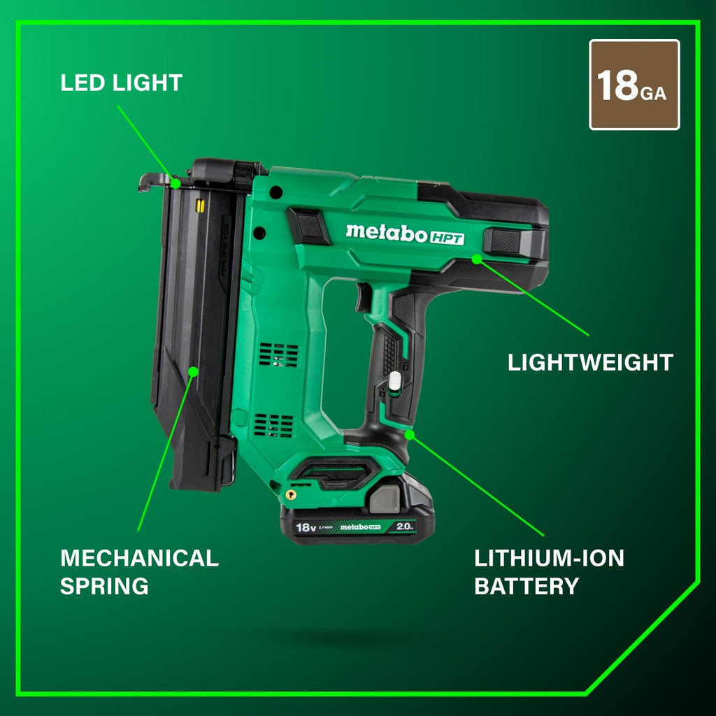 Metabo HPT 18V MultiVolt Compact Cordless Brad Nailer Kit, 18 Gauge Nailer with Power Tool 2.0Ah Lithium Ion Battery, Drives 5/8' to 2' Brad Nails, 700 per Charge, NT1850DG