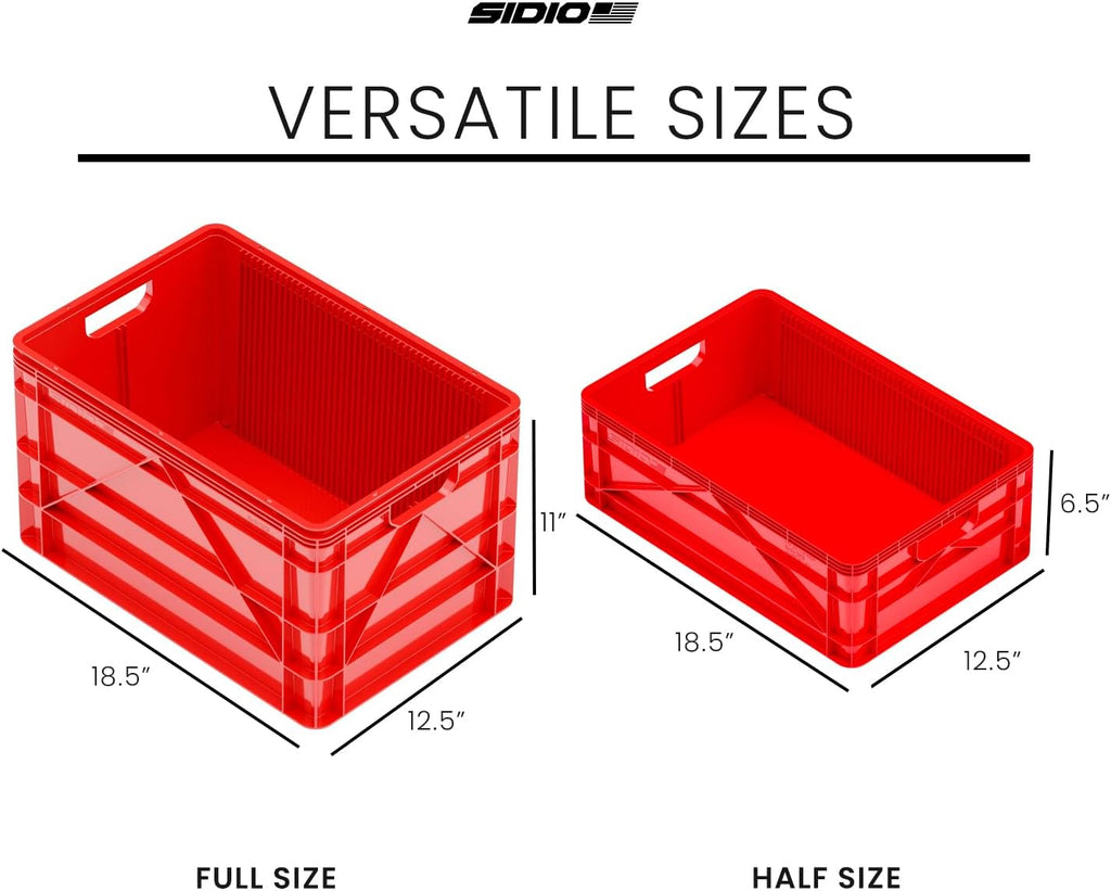 SIDIO Crate Basic Pack - 2 Full-Size & 1 Half-Size Heavy Duty Stackable Storage Bins, Totes and Containers with Dividers - Durable Plastic Organizer for Home, Office, Garage, and Outdoor Use