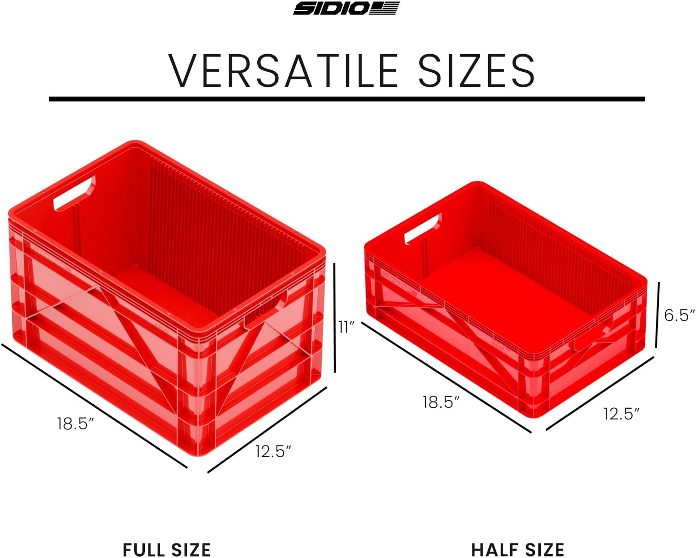 SIDIO Crate Basic Pack - 2 Full-Size & 1 Half-Size Heavy Duty Stackable Storage Bins, Totes and Containers with Dividers - Durable Plastic Organizer for Home, Office, Garage, and Outdoor Use