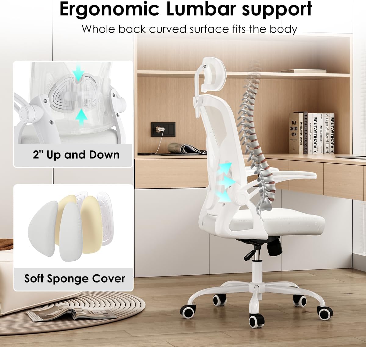 Farini Ergonomic Office Chair, Home Office Desk Chair with Headrest, High Back Swivel Computer Chair with Armrests and Adjustable Lumbar Support for Home Office Study Room, White & White