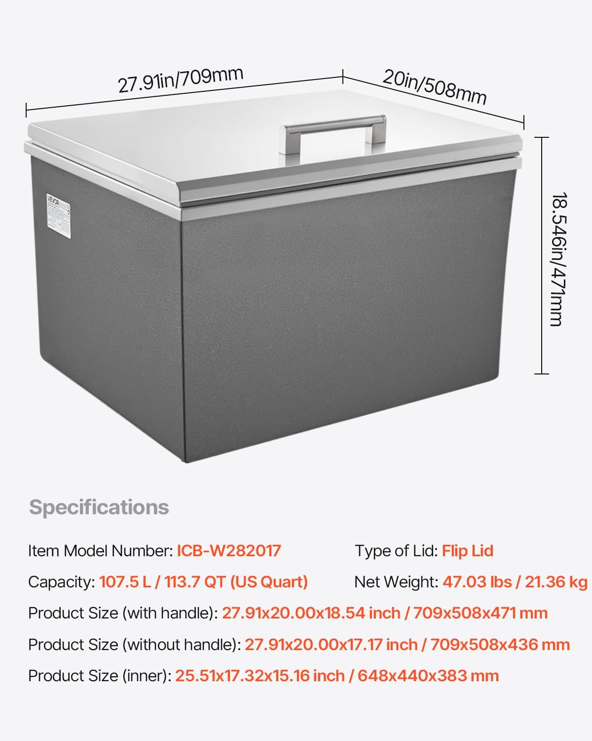 VEVOR Drop in Ice Chest, Stainless Steel Drop in Cooler, Commercial Ice Bin with Lid for Outdoor Kitchen Patio Bar, Drain-Pipe Set Included, Cooling Bins with Cover for Cold Wine Beer