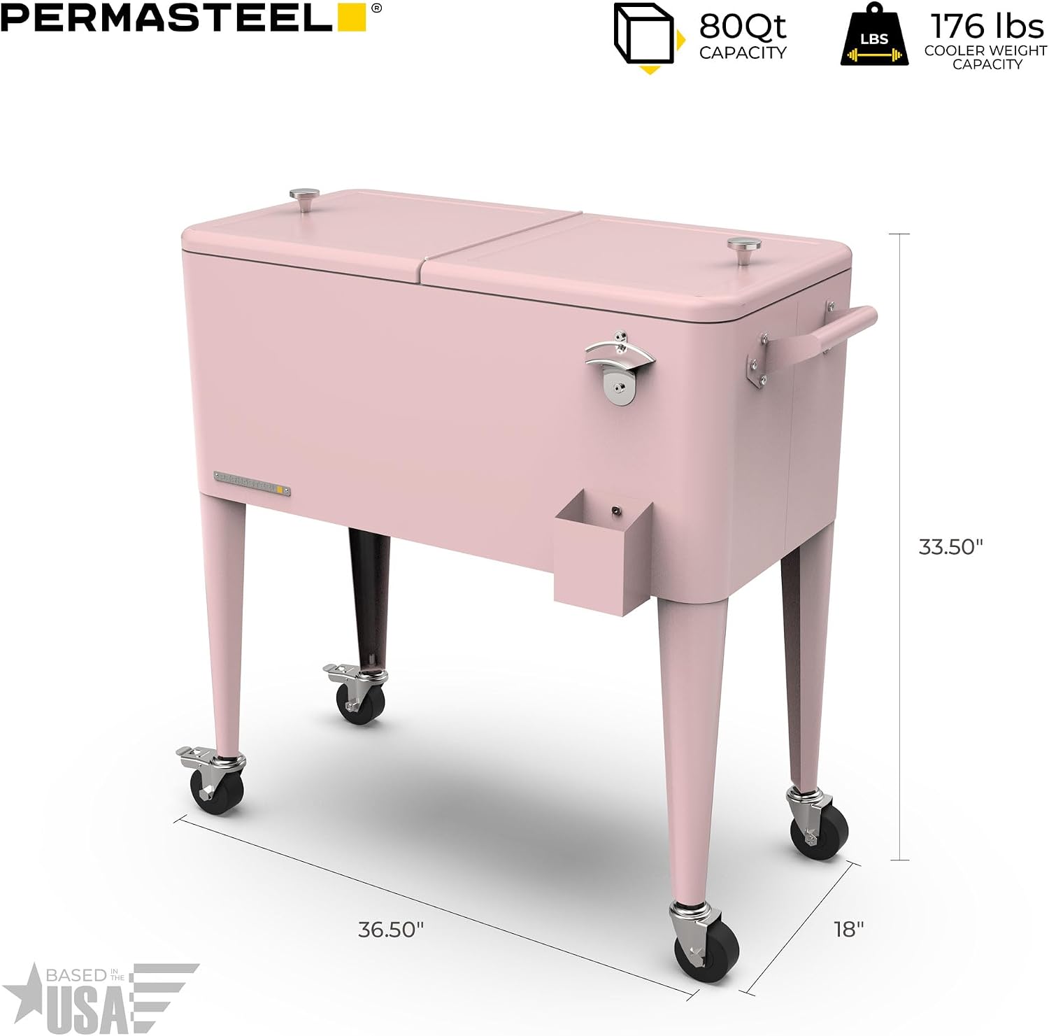 Permasteel 80-Qt Large Outdoor Patio Cooler with Wheels & Handles, Portable Rolling Hard Cooler for Outside, Retro Ice Cooler Cart, Beverage Can Coolers for Backyard Parties