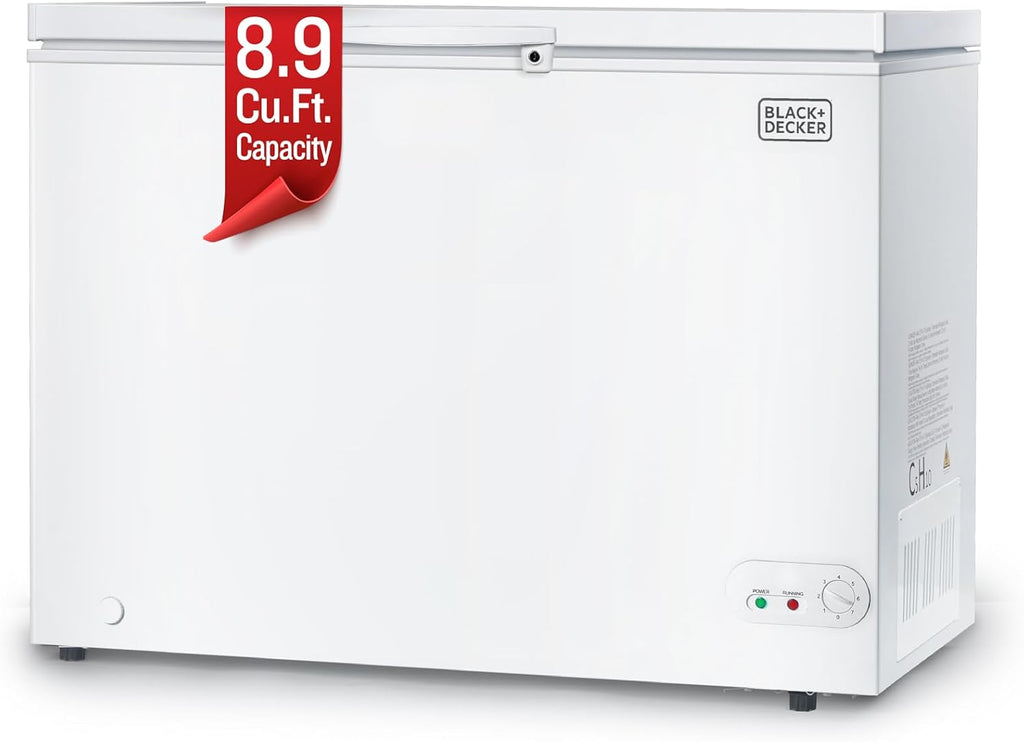 BLACK+DECKER 8.9 Cu. Ft. Chest Freezer, Deep Freezer with Top Opening, Freezer Chest with Removable Storage Basket, Mechanical Temperature Control, Manual Defrost, R600a Refrigerant, BCF890E, White