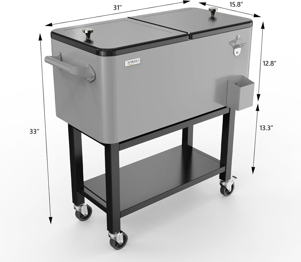 VINGLI Patio Cooler, Rolling Ice Chest on Wheels, Portable Patio Party Bar Drink Cooler Cart, with Shelf, Beverage Pool with Bottle Opener,Water Pipe