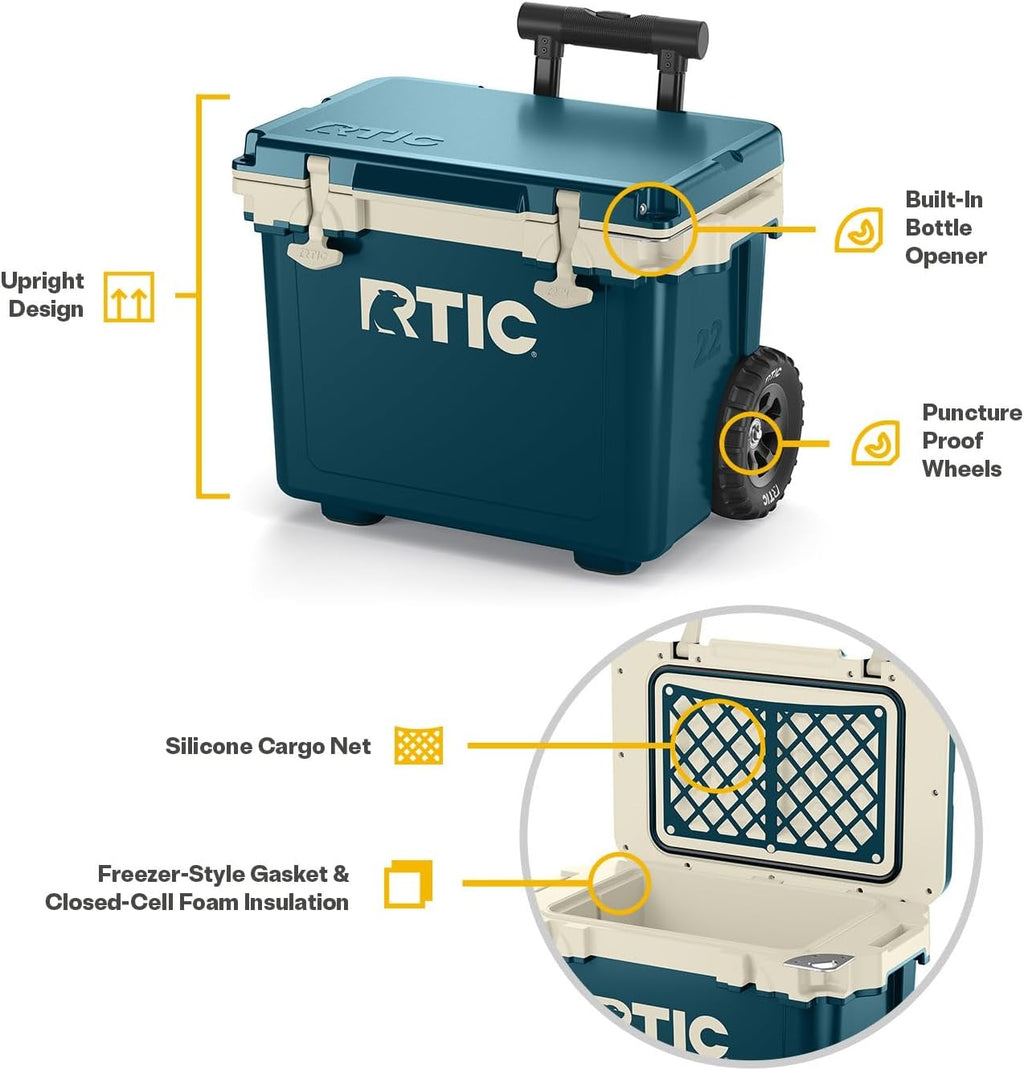 RTIC 22 QT Ultra-Light Wheeled Cooler with Handle, Hard Insulated Portable Ice Chest Box for Beach, Drink, Beverage, Camping, Picnic, Fishing, Boat, Barbecue