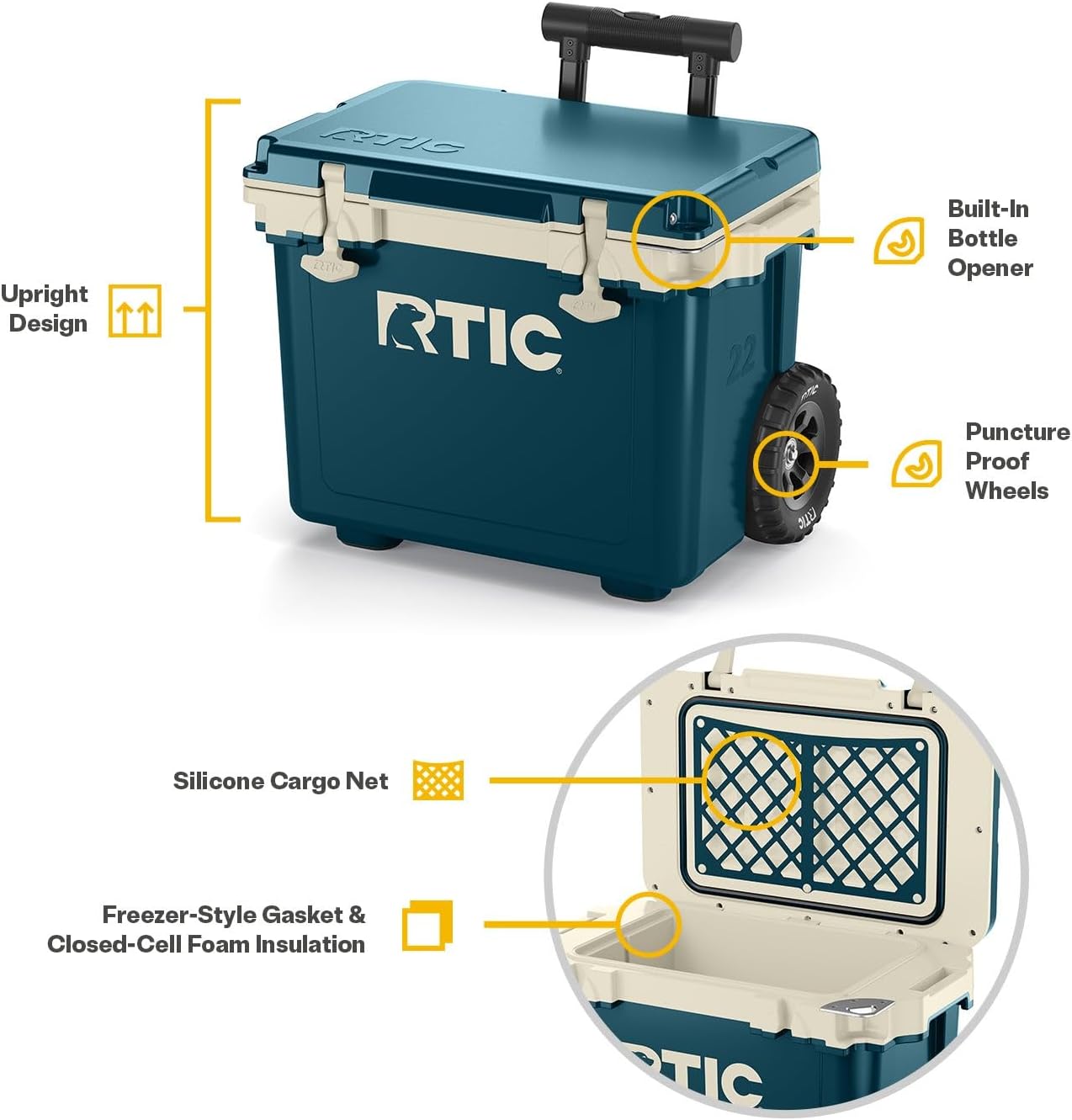 RTIC 22 QT Ultra-Light Wheeled Cooler with Handle, Hard Insulated Portable Ice Chest Box for Beach, Drink, Beverage, Camping, Picnic, Fishing, Boat, Barbecue