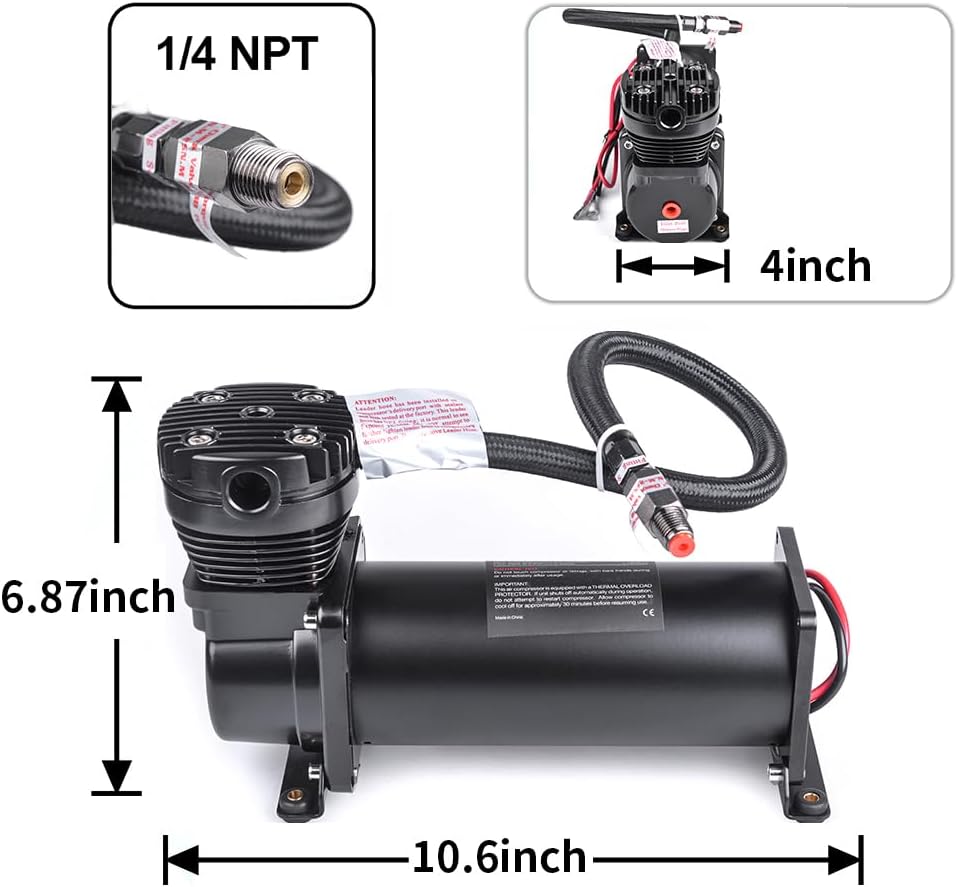 Heavy Duty 200 PSI Air horn Compressor Dual Value Pack, 1/4 NPT Train Horn/Air Ride Compressor, Fittings for 12V Train/Truck/Car BLACK