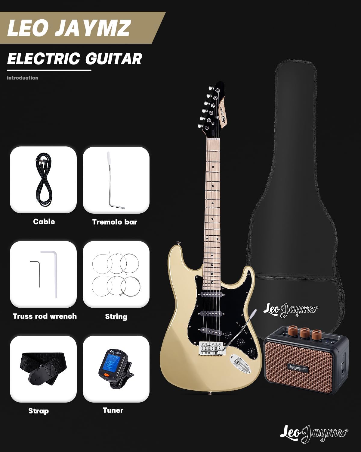 Leo Jaymz 39' Full Size ST Style Electric Guitar Starter Kit with SSS Pickups, 5W Portable Amp, Tuner, Gig Bag, Strap & Accessories(Gold 5W)
