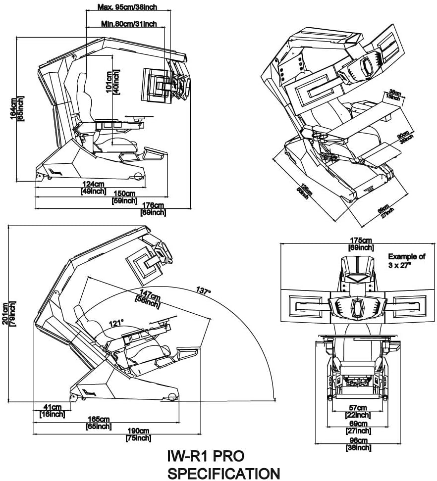 R1-PRO Gaming Chair, Computer Chair; (3-Monitor Brackets, Leather Seat, Black)