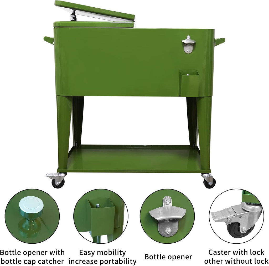 80 Quart Rolling Ice Chest Cooler Cart,for Outdoor Patio Deck Party Portable Party Bar Cold Drink Beverage Cart, Backyard Cooler Trolley on Wheels with Shelf, Bottle Opener