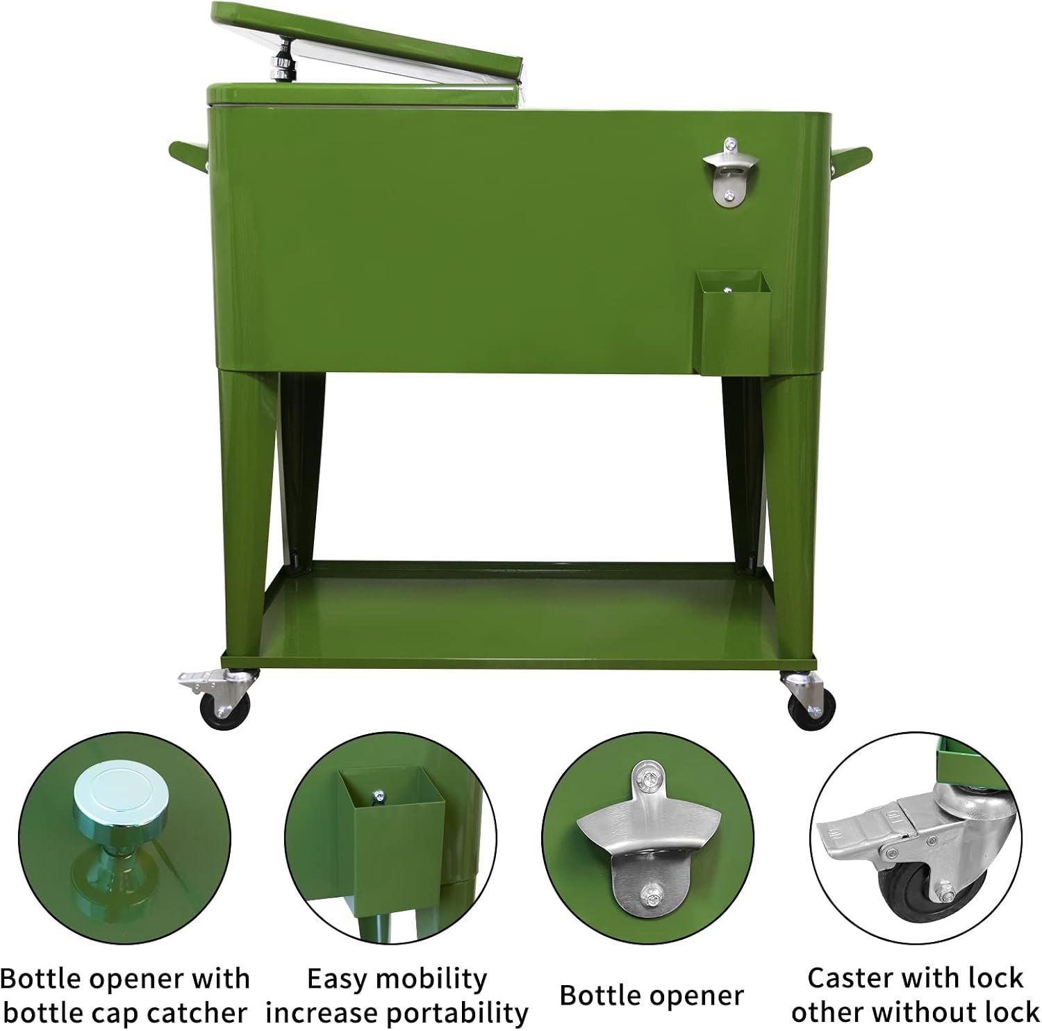 80 Quart Rolling Ice Chest Cooler Cart,for Outdoor Patio Deck Party Portable Party Bar Cold Drink Beverage Cart, Backyard Cooler Trolley on Wheels with Shelf, Bottle Opener