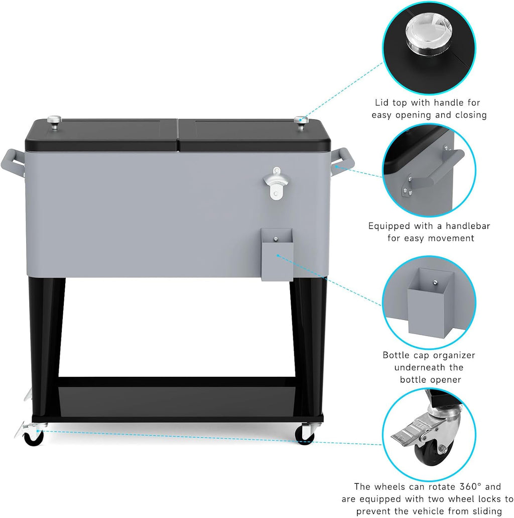 80 Quart Rolling Ice Chest Cart, Portable Outdoor Beverage Cooler with Bottle Opener & Cap Collector & Storage Shelf for Patio Party & BBQ & Beach Activities(Silver)