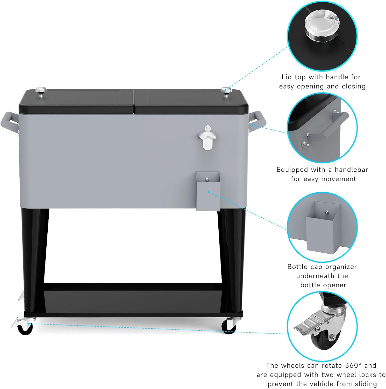 80 Quart Rolling Ice Chest Cart, Portable Outdoor Beverage Cooler with Bottle Opener & Cap Collector & Storage Shelf for Patio Party & BBQ & Beach Activities(Silver)