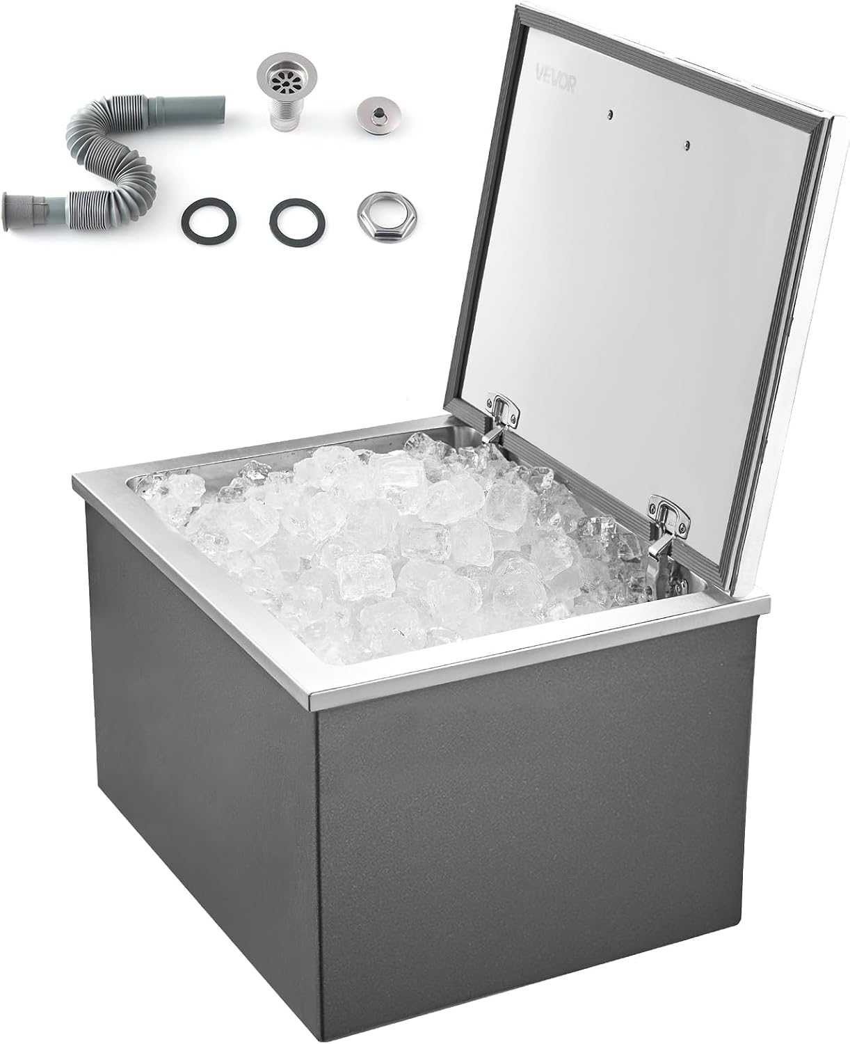 VEVOR Drop in Ice Chest, Stainless Steel Drop in Cooler, Commercial Ice Bin with Lid for Outdoor Kitchen Patio Bar, Drain-Pipe Set Included, Cooling Bins with Cover for Cold Wine Beer