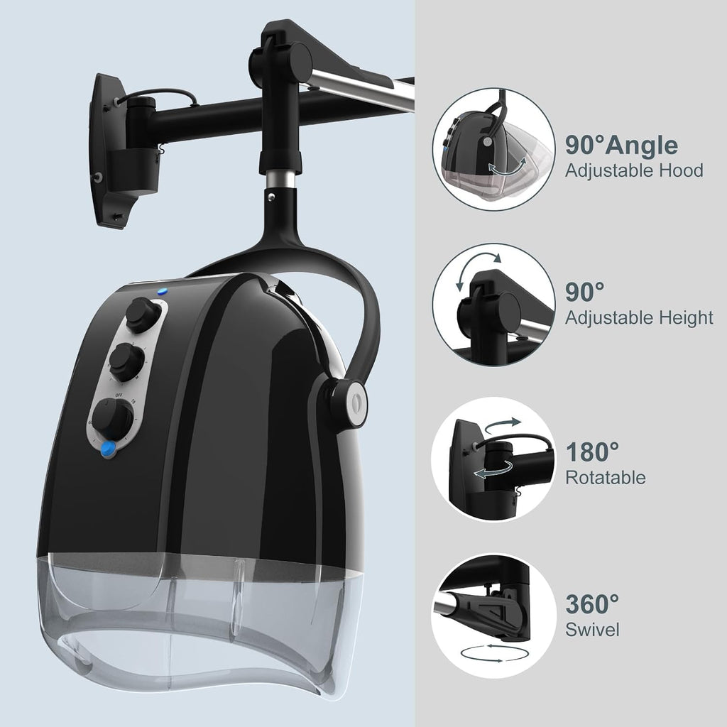SyyBhb Wall Mount Hooded Salon Hair Dryer, Professional Ionic Hair Color Processor, Temperature & Drying Adjustable, 60-Minute Timing, 52' Extendable Arm, 25lbs Installed on Load Bearing Wall