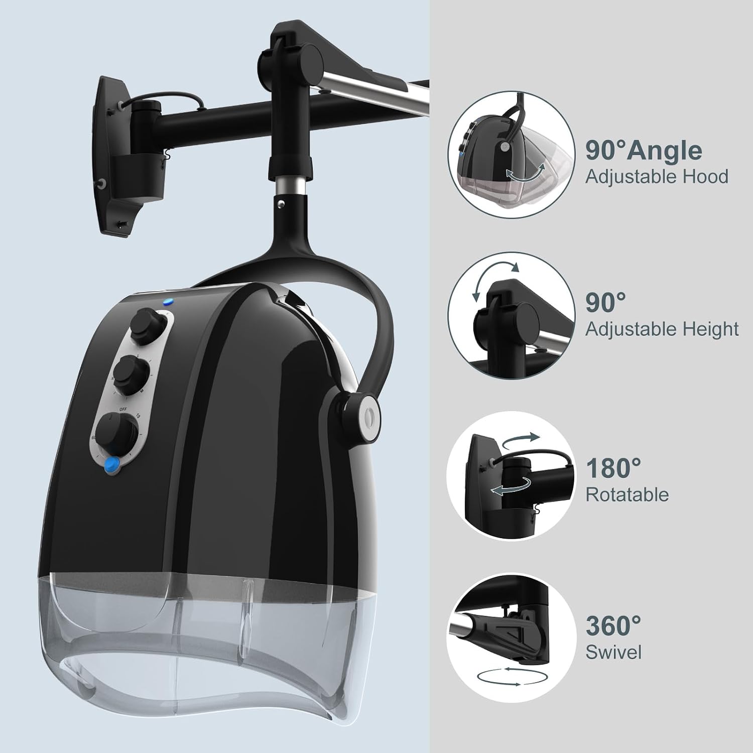 SyyBhb Wall Mount Hooded Salon Hair Dryer, Professional Ionic Hair Color Processor, Temperature & Drying Adjustable, 60-Minute Timing, 52' Extendable Arm, 25lbs Installed on Load Bearing Wall