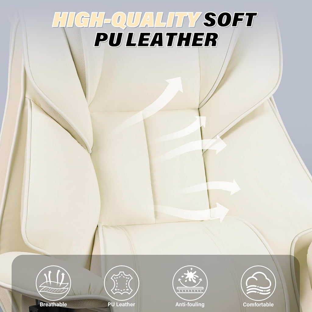 Big and Tall Office Chair 400LBS with Foot Rest & Waist Lumber Support, Ergonomic Gaming Chair with 2D Armrests, High-Back Leather Reclining Executive Chair for Home, Office, Beige
