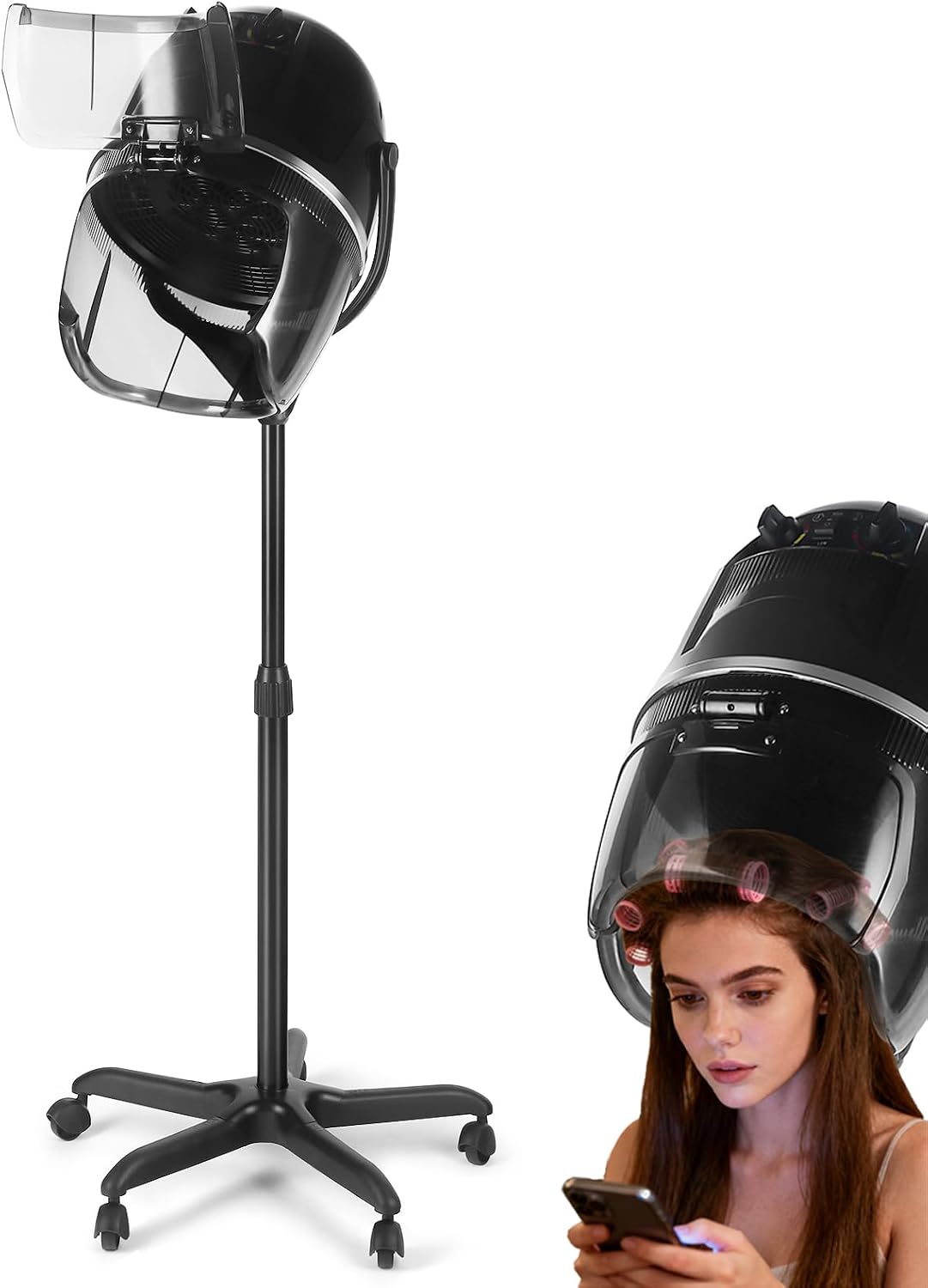 Artist hand Professional Hooded Hair Dryer for Women, Height Adjustable Floor Stand Up Hair Dryer with Wheels and Timer, Sit Under Hooded Dryer for Home Beauty Spa Salon Equipment