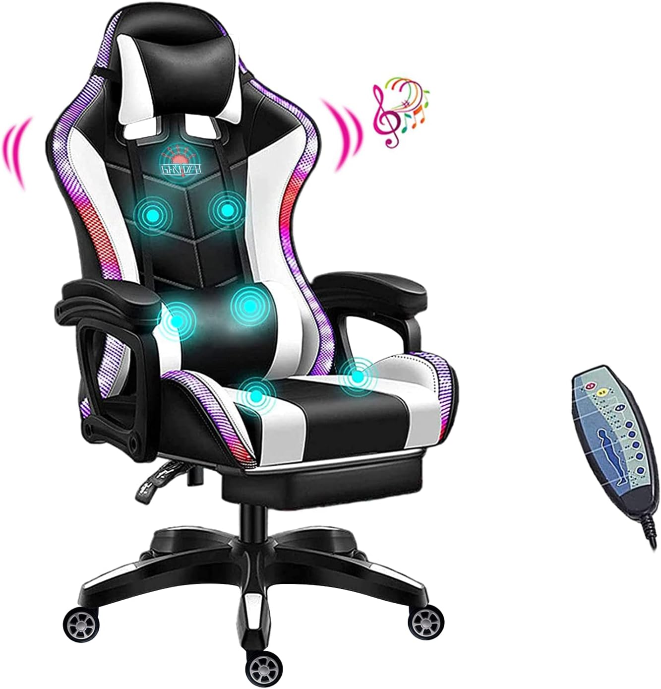 XOOFMASS Gaming Chair with Speakers Video Game Chair with RGB LED Lights Ergonomic Racing Office Chair, PU Leather Recliner Computer Chair Swivel E-Sports Chair with Armrest and Lumbar Support,White