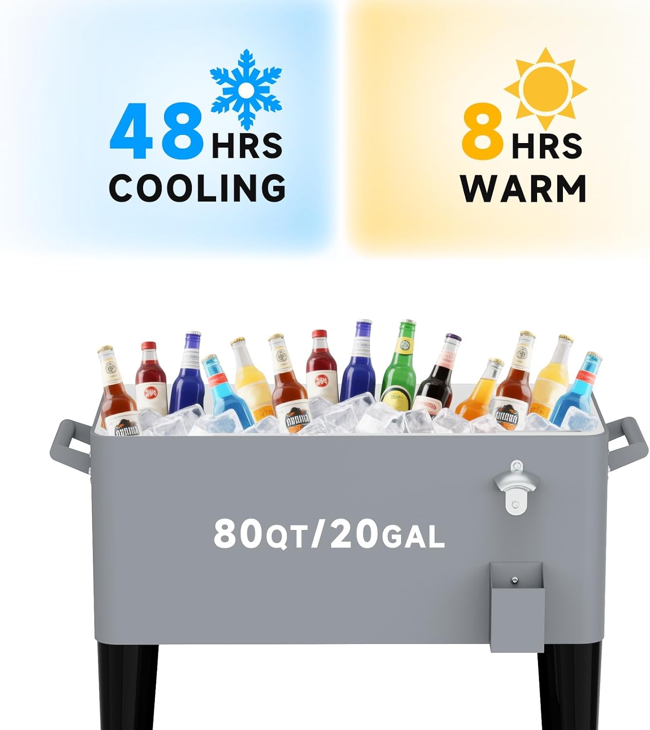 80 Quart Rolling Ice Chest Cart, Portable Outdoor Beverage Cooler with Bottle Opener & Cap Collector & Storage Shelf for Patio Party & BBQ & Beach Activities(Silver)