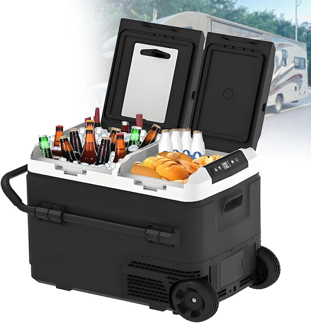 Portable Car Refrigerator, Dual Zone -4℉-68℉ Fridge Freezer, 12/24V DC, Fast Cooling & Wheels for Travel, Camping, Truck, RV & Home Use,Withbattery-50L