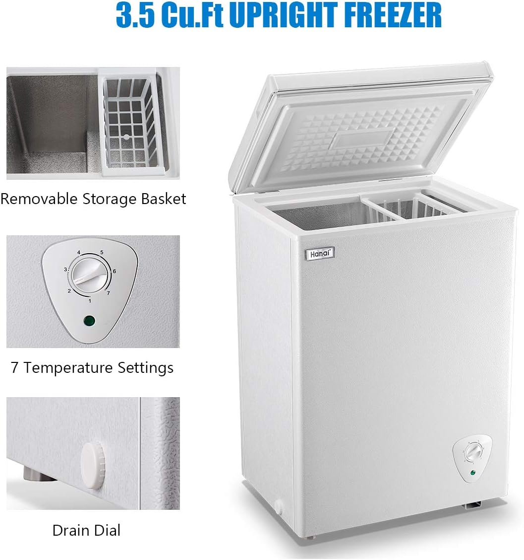 WANAI Chest Freezer 3.5 Cubic Feet Mini Small Deep Freezers with Adjustable Thermostat Top Open Door Freezer Compressor Cooling with Rmovable Storage Basket for Home, Kitchen Office Apartment, Black