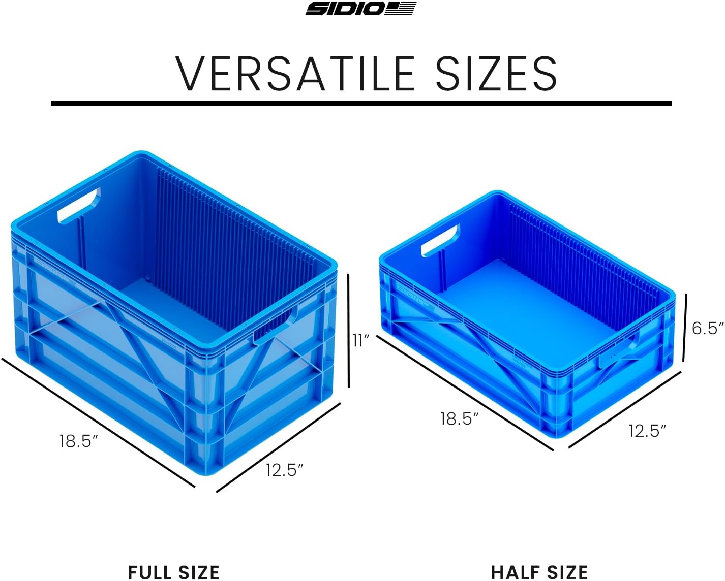 SIDIO Crate Basic Pack - 2 Full-Size & 1 Half-Size Heavy Duty Stackable Storage Bins, Totes and Containers with Dividers - Durable Plastic Organizer for Home, Office, Garage, and Outdoor Use