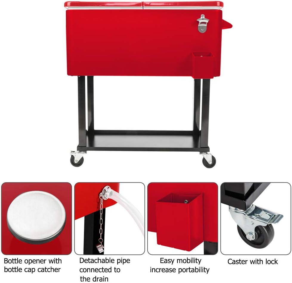 80 Quart Rolling Cooler Cart with Shelf and Bottle Opener for Patio Party