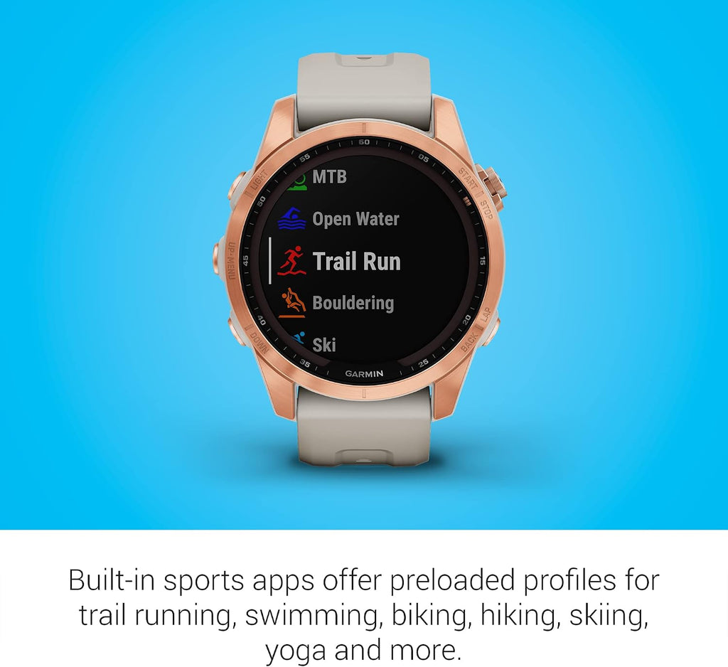 Garmin Fenix 7S Solar, Smaller Sized Adventure smartwatch, with Solar Charging Capabilities, Rugged Outdoor Watch with GPS, Touchscreen, Health and Wellness Features, Rose Gold with Light Sand Band