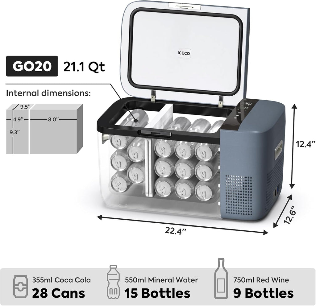 ICECO GO20 Portable Refrigerator, Dual Zone 12 Volt Fridge With APP Control, 21Quart Car Fridge Powered by SECOP, 0℉～50℉, AC/DC, For RV, Car, Truck (GO20 Grey+Battery)