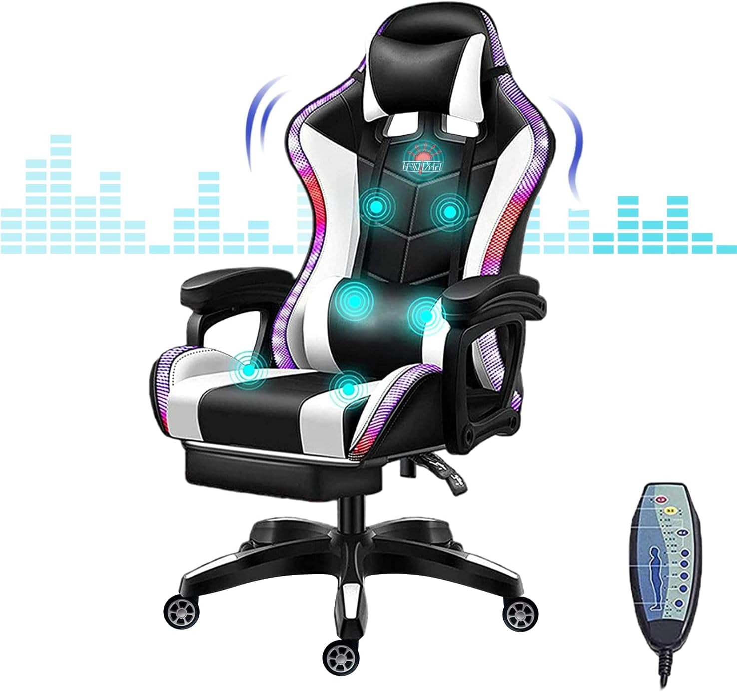 XOOFMASS Gaming Chair with Speakers, Ergonomic Massage Gaming Chair with Massage Function, Video Game Chairs with LED Light Swivel Racing Computer Chair 90°-135° Adjustment of Backrest,White