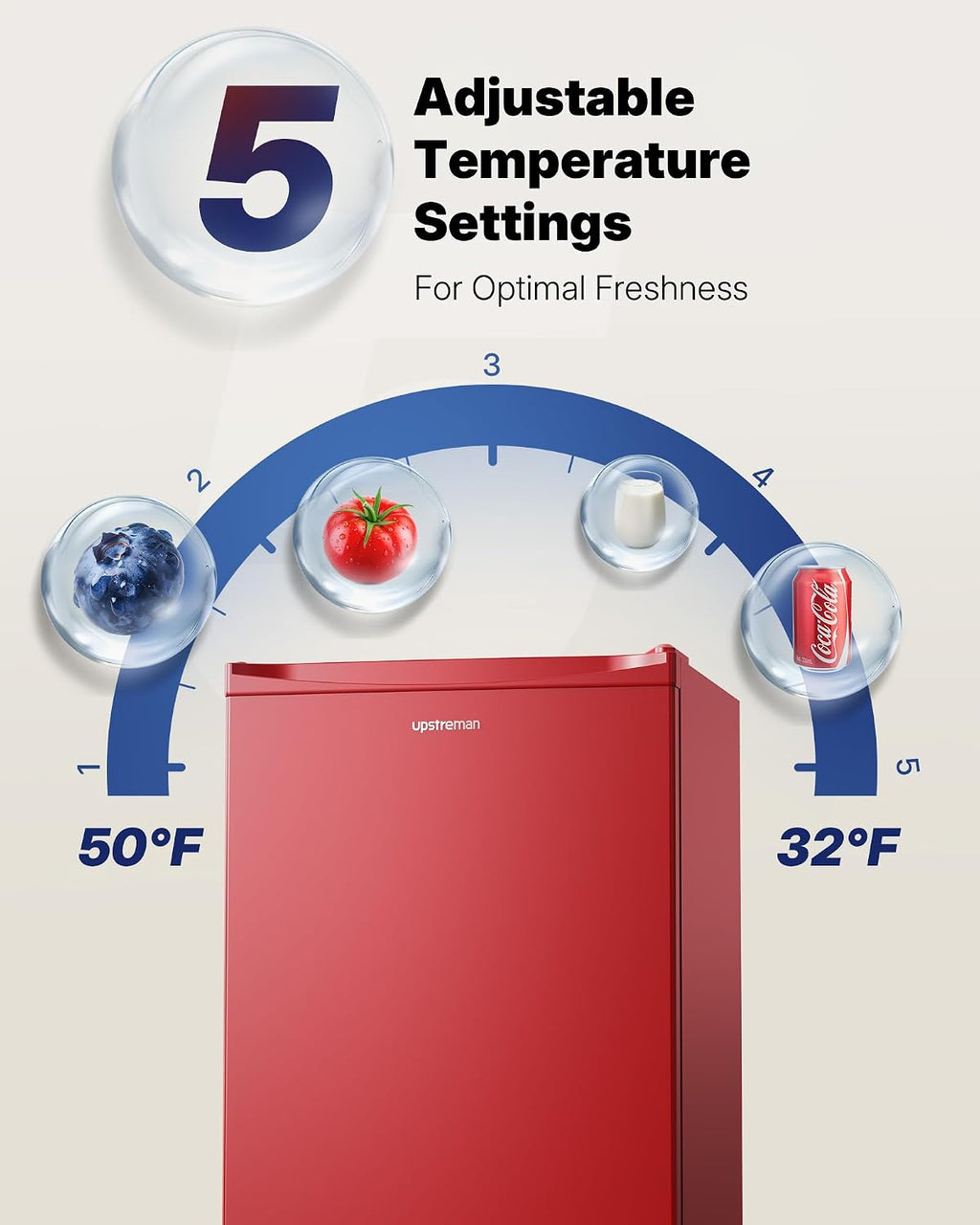 Upstreman 3.2 Cu.Ft Mini Fridge with Freezer, Single Door, Dorm Fridge, Adjustable Thermostat, Refrigerator for Dorm, Office, Bedroom, Red-BR321