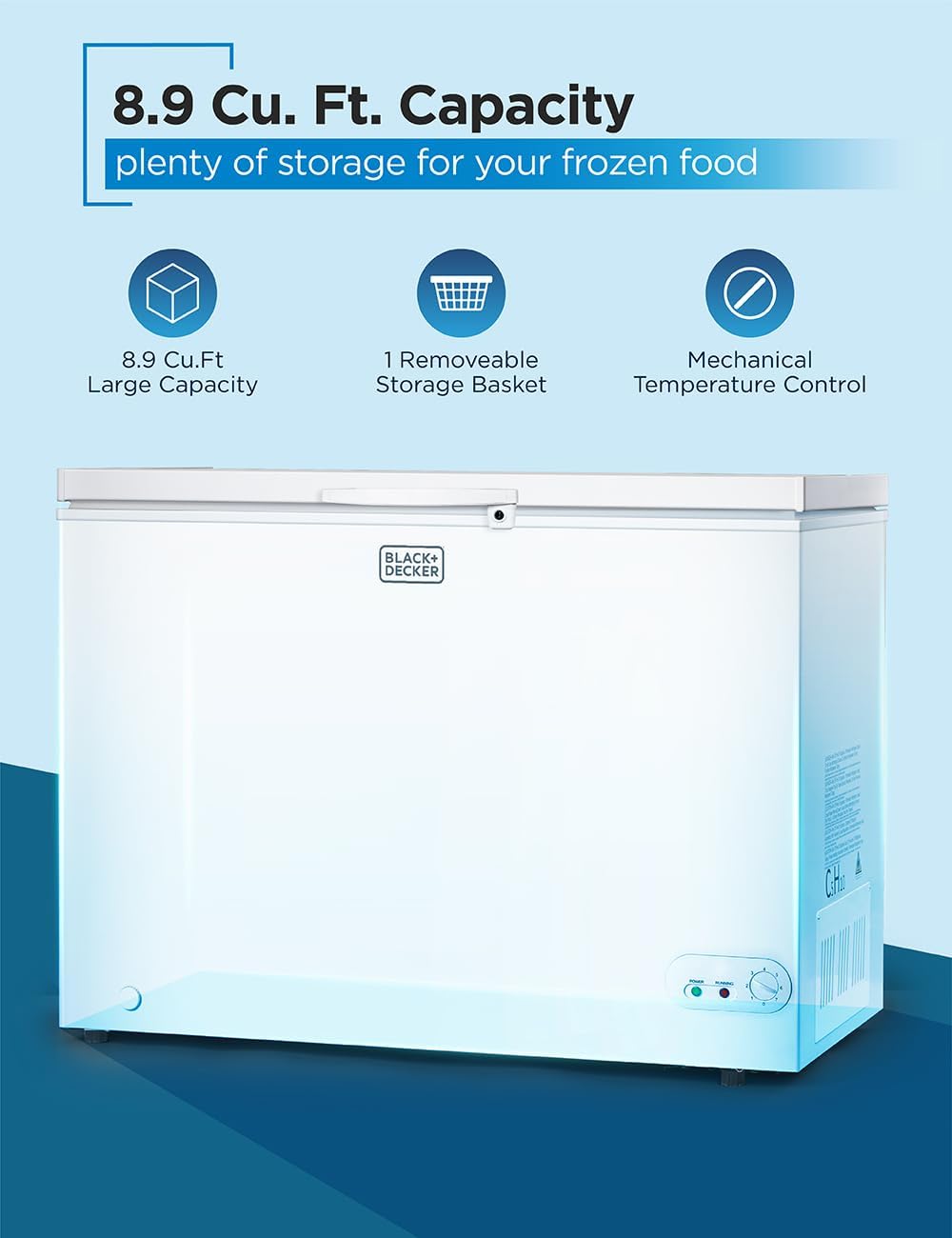 BLACK+DECKER 8.9 Cu. Ft. Chest Freezer, Deep Freezer with Top Opening, Freezer Chest with Removable Storage Basket, Mechanical Temperature Control, Manual Defrost, R600a Refrigerant, BCF890E, White