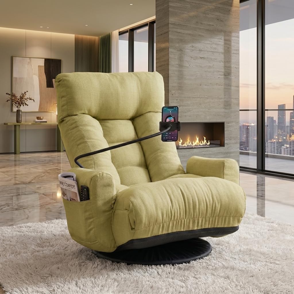 Gaming Chair Floor Sofa, Gaming Lounge Chair with 14-Section Head & 3-Section Waist Adjustment, 360° Swivel & Spring Seat for Gaming, Napping, Reading, Dorm, Small Apartment (Green)