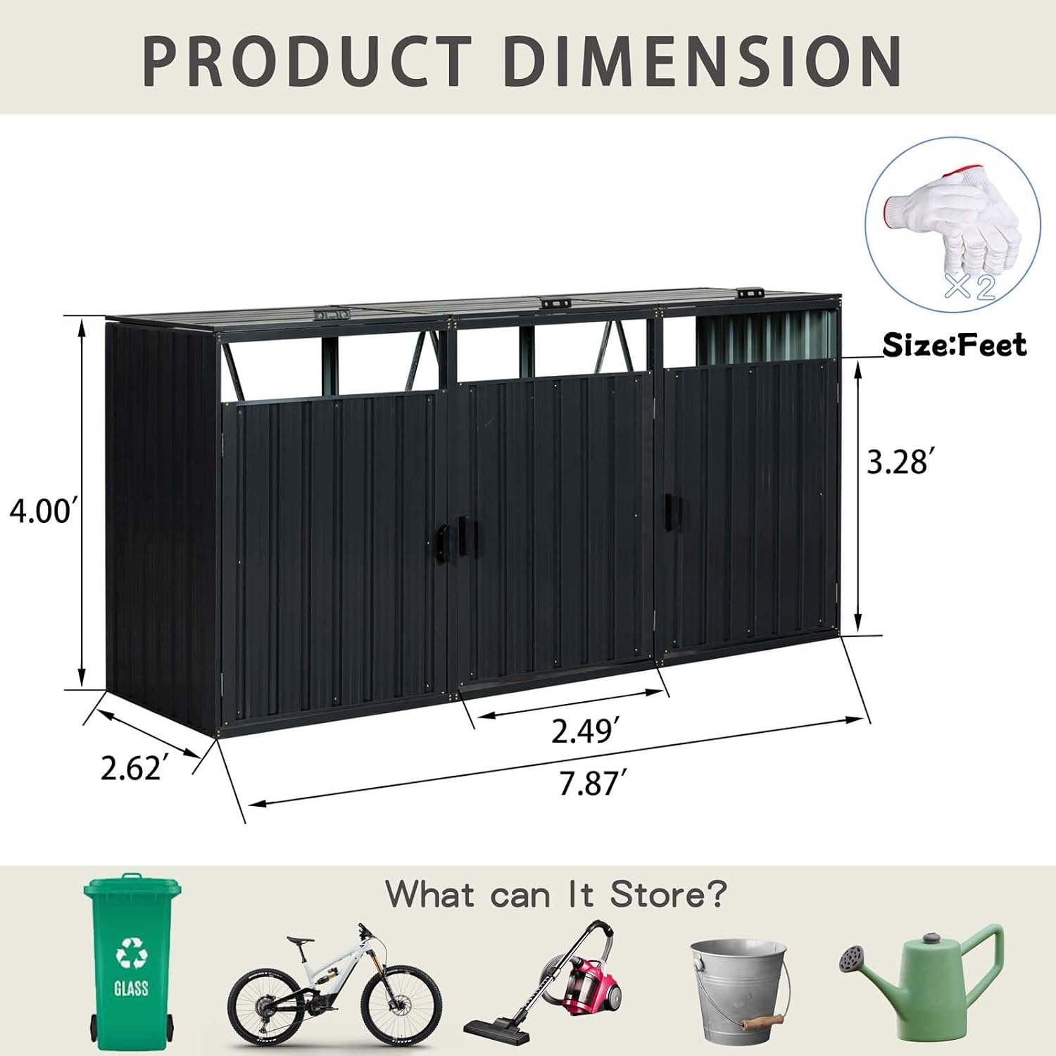 Outdoor Garbage Bin Storage Shed for 3 Trash Cans, Stainless Galvanized Steel Bin Shed with Lockable Doors, Metal Trash Can Hider for Garden Yard Lawn (Black)