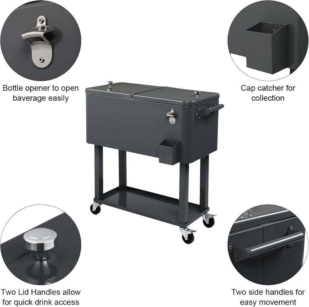 80 Quart Rolling Cooler Cart with Shelf and Bottle Opener for Patio Party