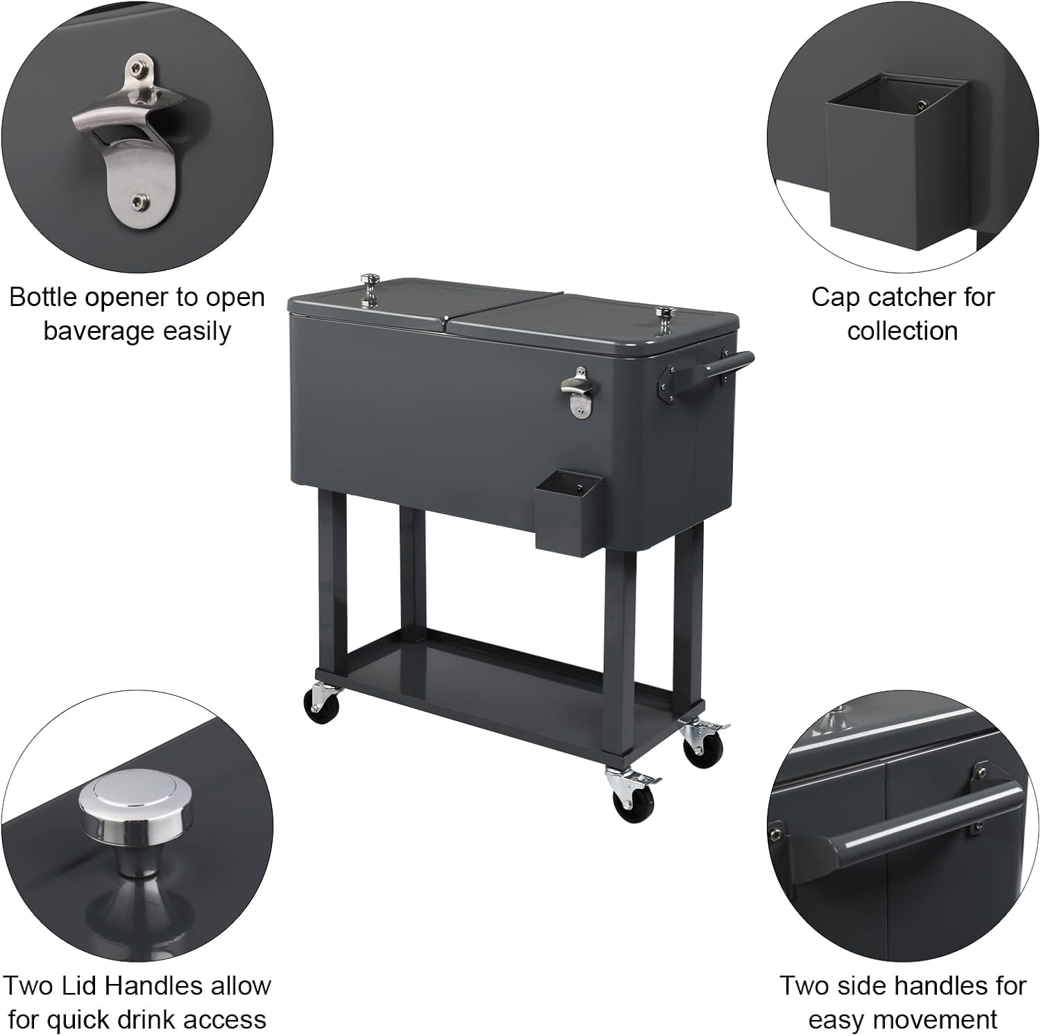 80 Quart Rolling Cooler Cart with Shelf and Bottle Opener for Patio Party