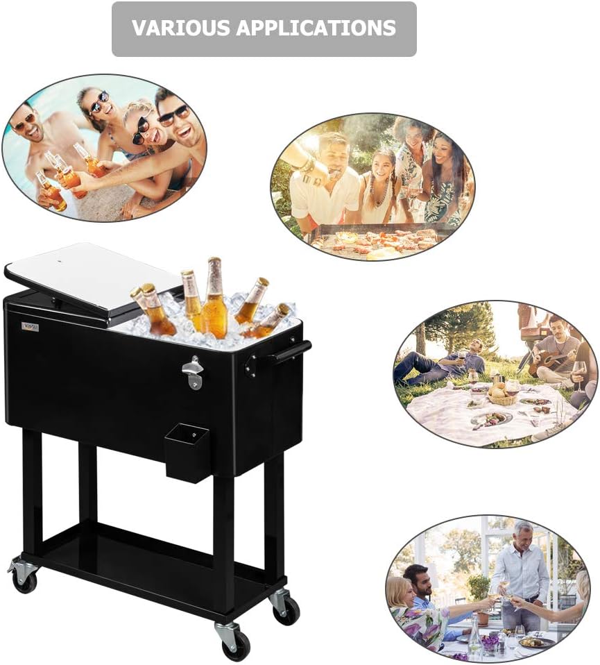 VINGLI Rolling Ice Chest, Portable Patio Party Bar Drink Cooler Cart, with Shelf, Beverage Pool with Bottle Opener