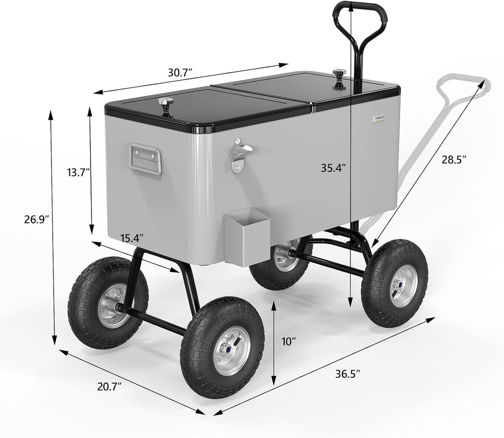 VINGLI 80 Quart Wagon Rolling Cooler Ice Chest, w/Long Handle and 10' Wheels, Portable Beach Patio Party Bar Cold Drink Beverage, Outdoor Park Cart on Wheels