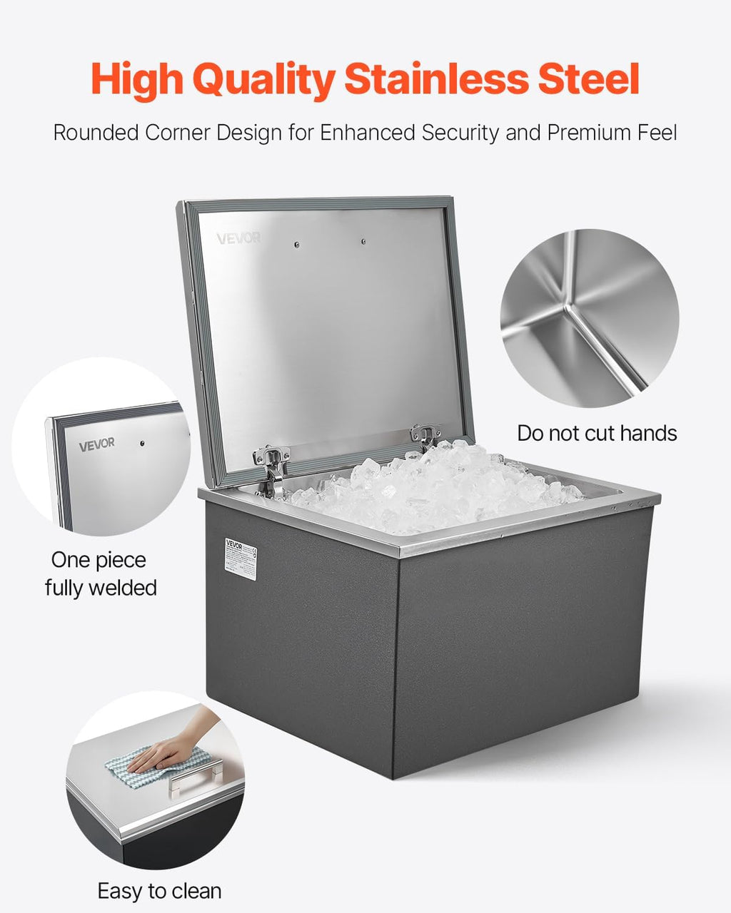 VEVOR Drop in Ice Chest, Stainless Steel Drop in Cooler, Commercial Ice Bin with Lid for Outdoor Kitchen Patio Bar, Drain-Pipe Set Included, Cooling Bins with Cover for Cold Wine Beer