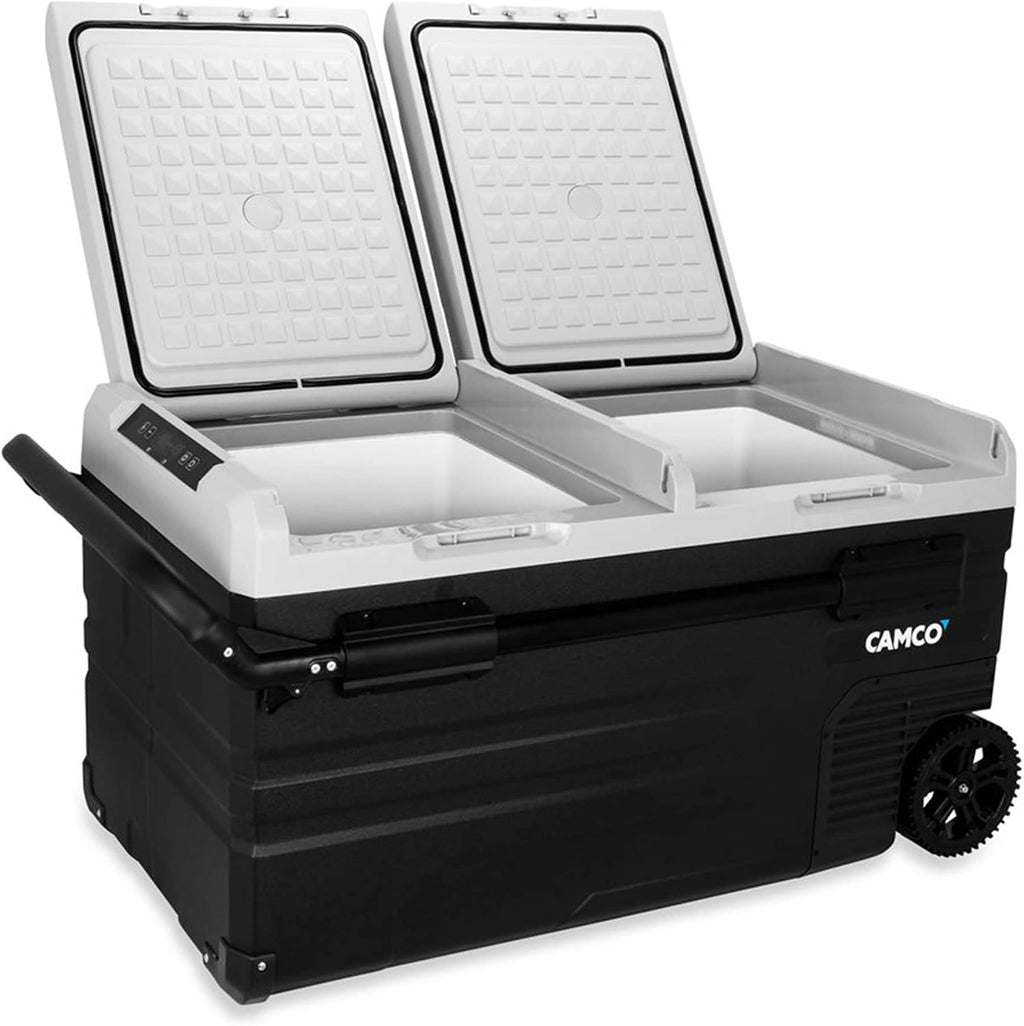 Camco 51520 CAM-750 Portable Refrigerator, AC 110V/DC 12V Compact Fridge/Freezer with Dual Zone Cooling, 75-Liter - Keeps Food and Drinks Cold While On-the-Go - Ideal for Road Trips, RVing, Camping, B , Black