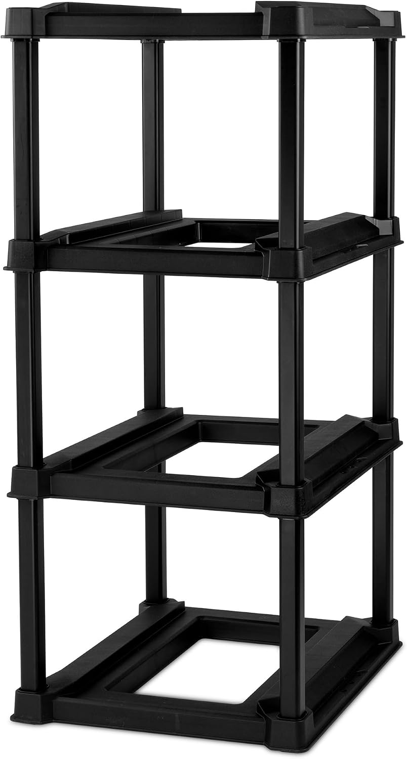 Sterilite 4 Tier Tote Rack, Vertical Plastic Organizer with 4 Pack 27 Gallon Industrial Storage Totes, Black - for Garages, Workshops, or Basements