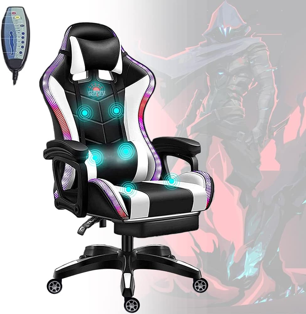 LED Lights Gaming Chair with Speakers, Ergonomic Video Office Chair with Massage, Computer Desk Chair with Headrest and Lumbar Support, College Dorm Essentials for Guys,White