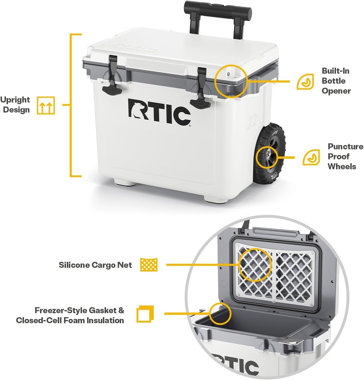 RTIC 22 QT Ultra-Light Wheeled Cooler with Handle, Hard Insulated Portable Ice Chest Box for Beach, Drink, Beverage, Camping, Picnic, Fishing, Boat, Barbecue
