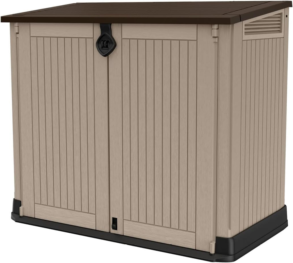 Keter Store-It-Out MIDI Outdoor Resin Storage Shed – Weather-Resistant Horizontal Cabinet for Trash Cans, Garden Tools & Patio Accessories – Lockable, Easy-Lift Lid, 30 Cu. Ft. Capacity, Beige