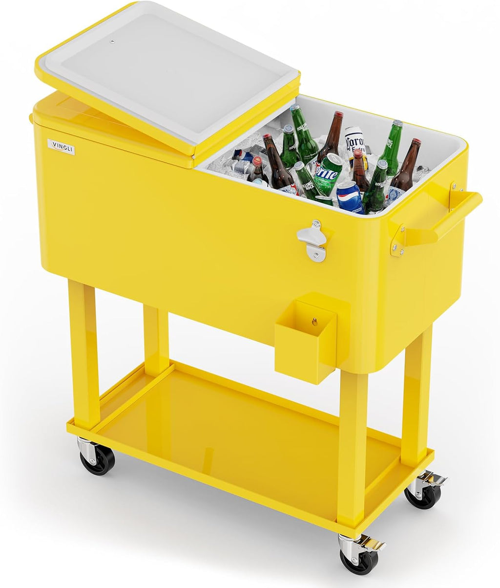 VINGLI Rolling Ice Chest, Portable Patio Party Bar Drink Cooler Cart, with Shelf, Beverage Pool with Bottle Opener
